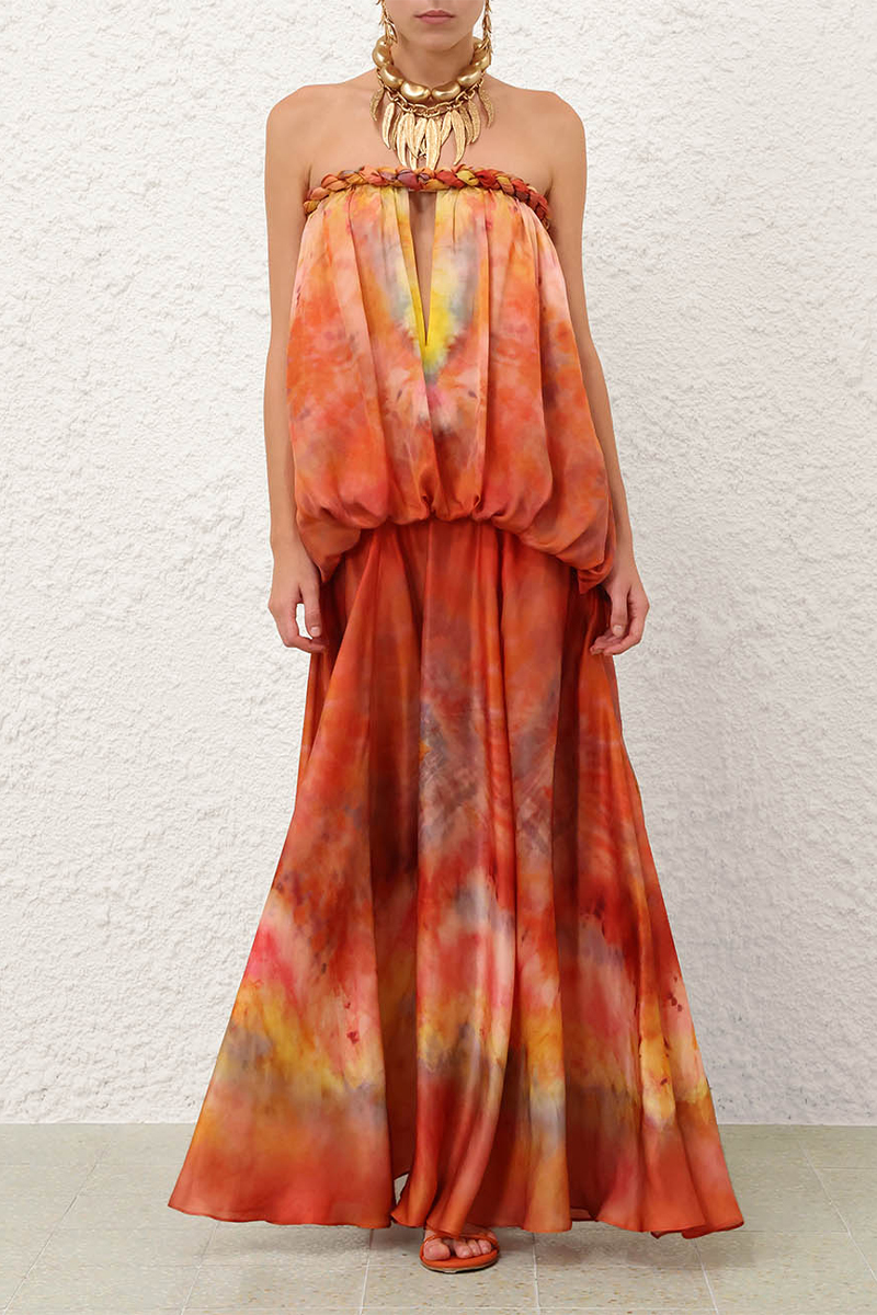 Women Strapless Sleeveless Woven Gradient Tie Dye Casual Maxi Dress