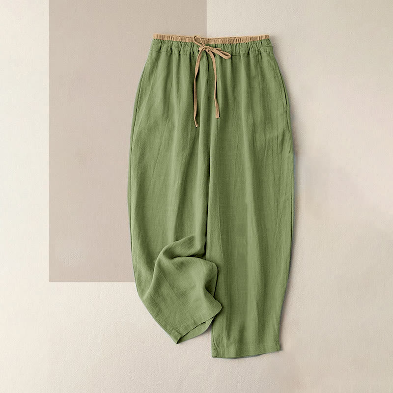 Casual Solid Color Cotton Linen Drawstring Women's Pants With Pockets