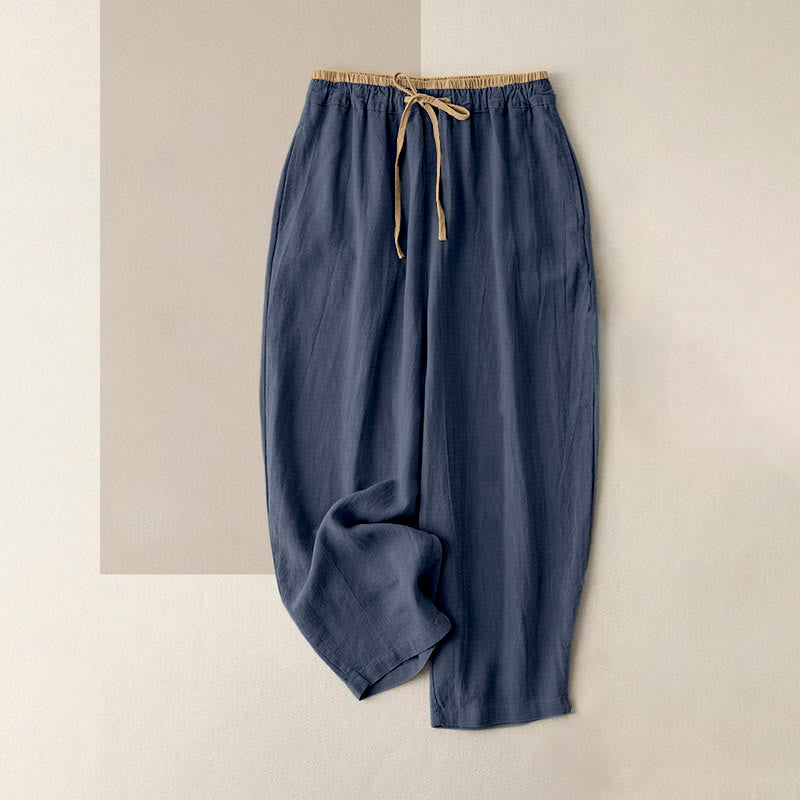 Casual Solid Color Cotton Linen Drawstring Women's Pants With Pockets