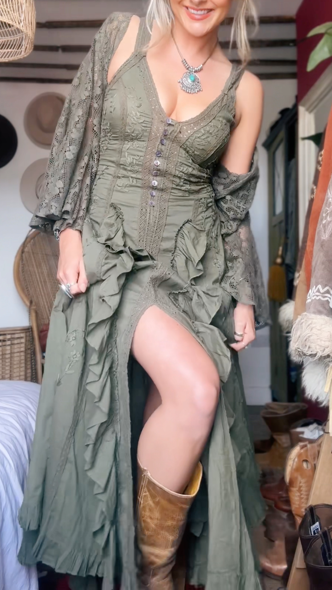 Women's V-neck Slit Dress + Cardigan Retro Set