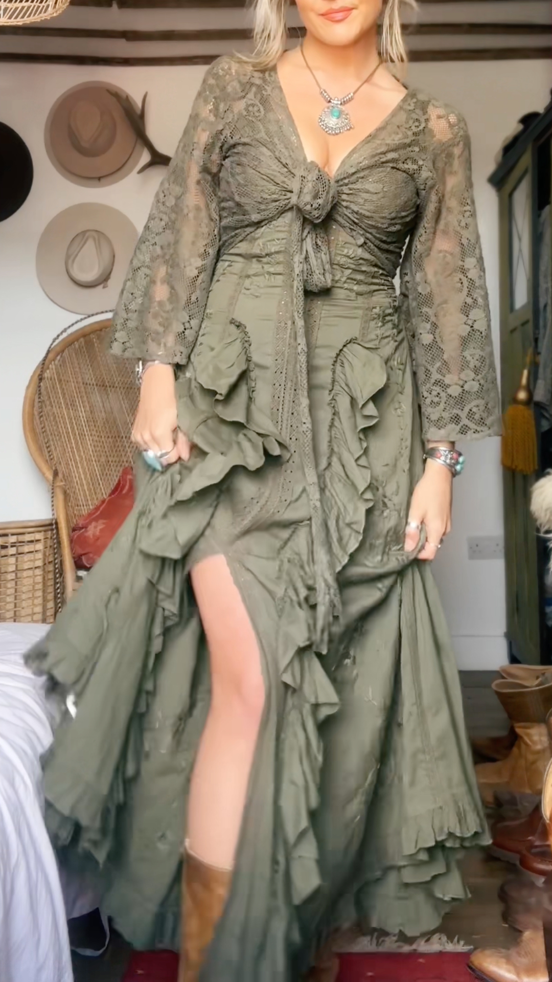 Women's V-neck Slit Dress + Cardigan Retro Set