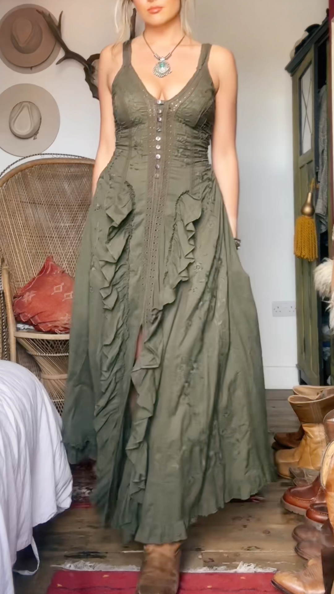 Women's V-neck Slit Dress + Cardigan Retro Set