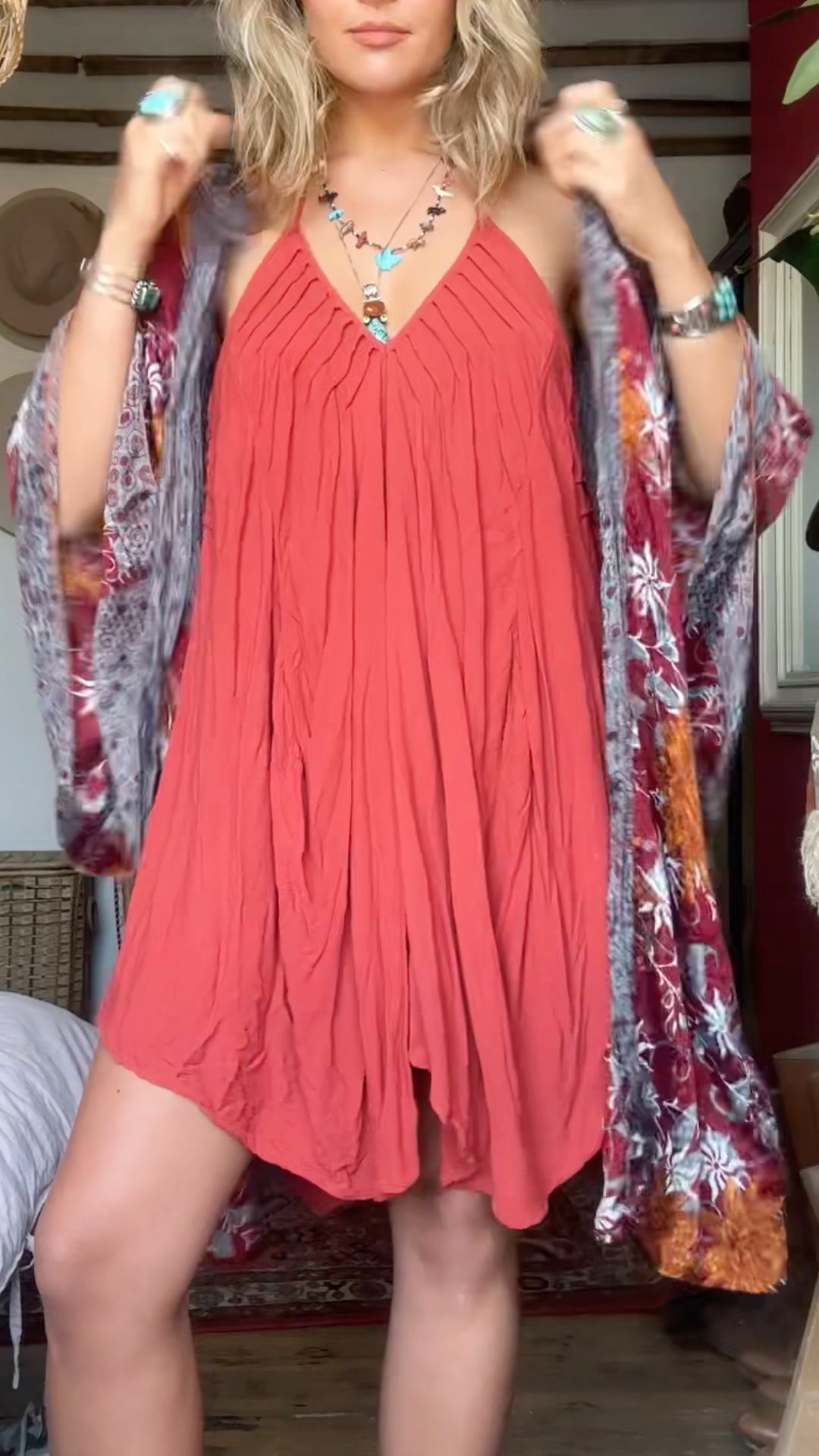 Women's V-neck Pleated Dress + Cardigan Retro Set