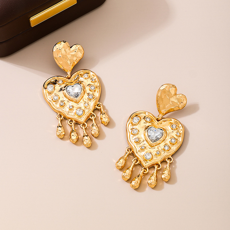 Metal Heart Tassel Studded Diamond Earrings for Women