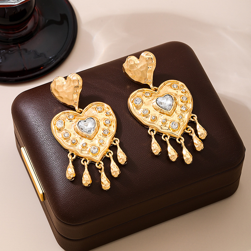 Metal Heart Tassel Studded Diamond Earrings for Women