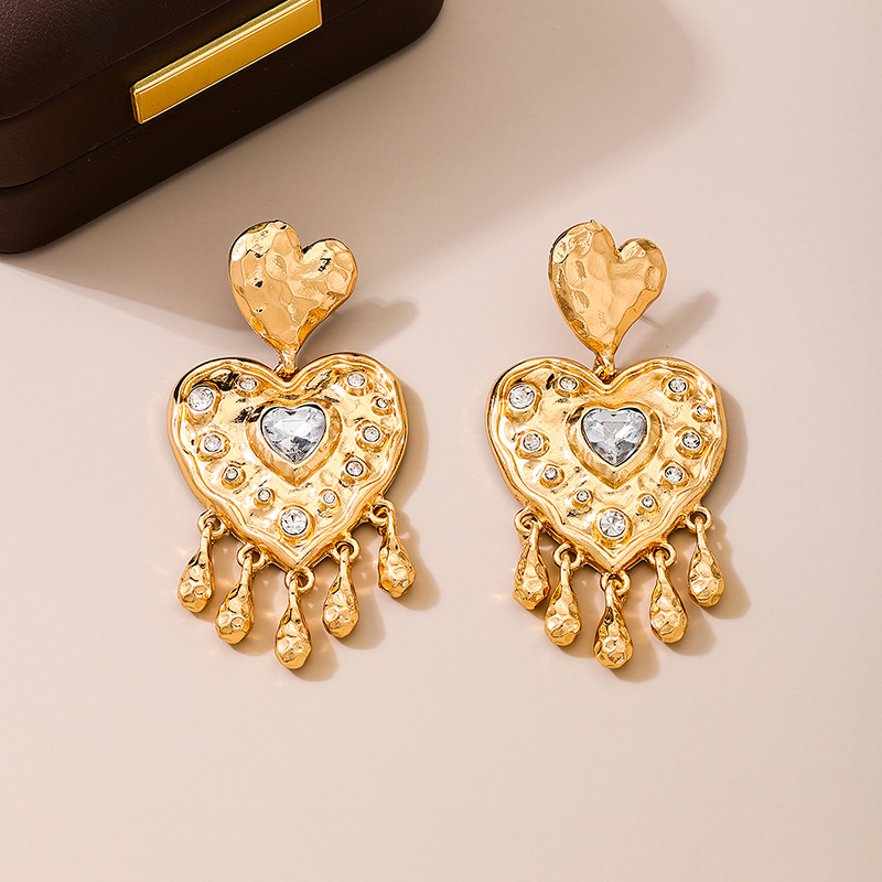 Metal Heart Tassel Studded Diamond Earrings for Women