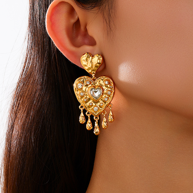 Metal Heart Tassel Studded Diamond Earrings for Women