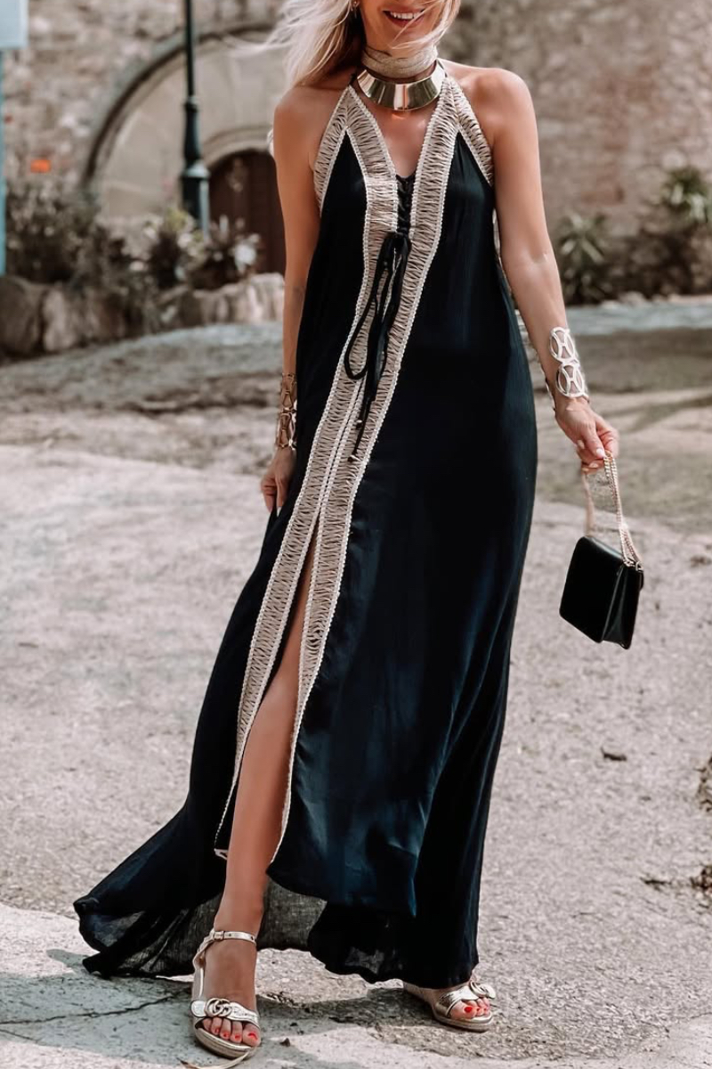 Women's V-neck Patchwork Tie-up Vacation Dress