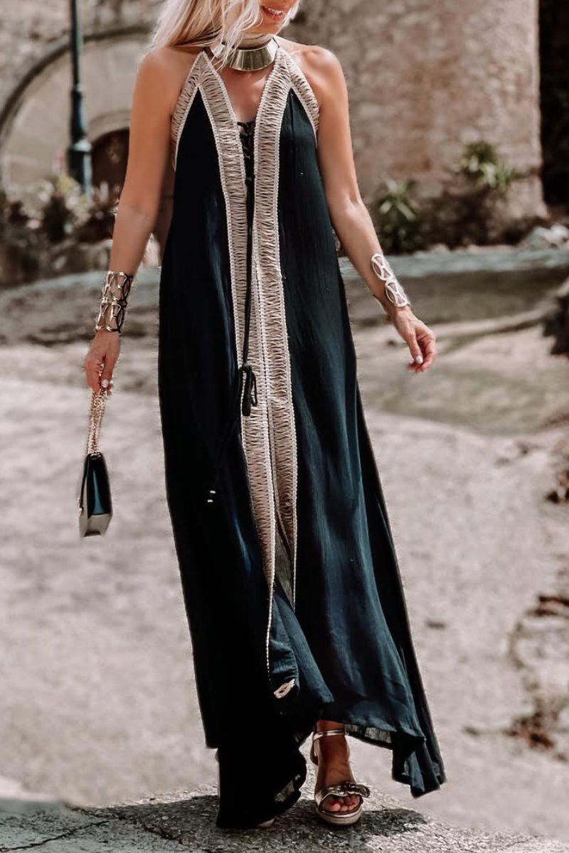 Women's V-neck Patchwork Tie-up Vacation Dress