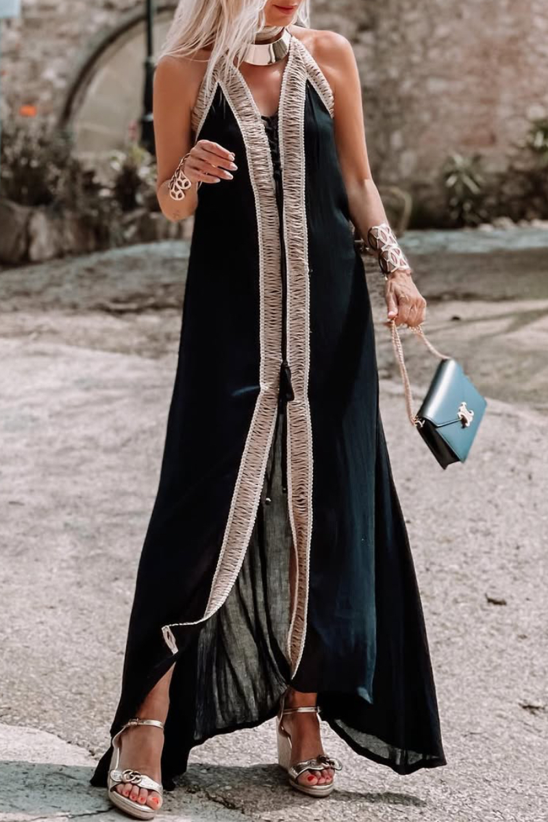 Women's V-neck Patchwork Tie-up Vacation Dress