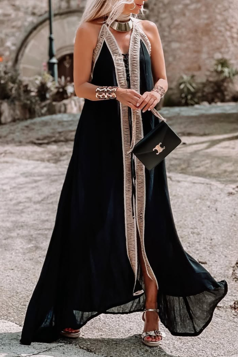 Women's V-neck Patchwork Tie-up Vacation Dress