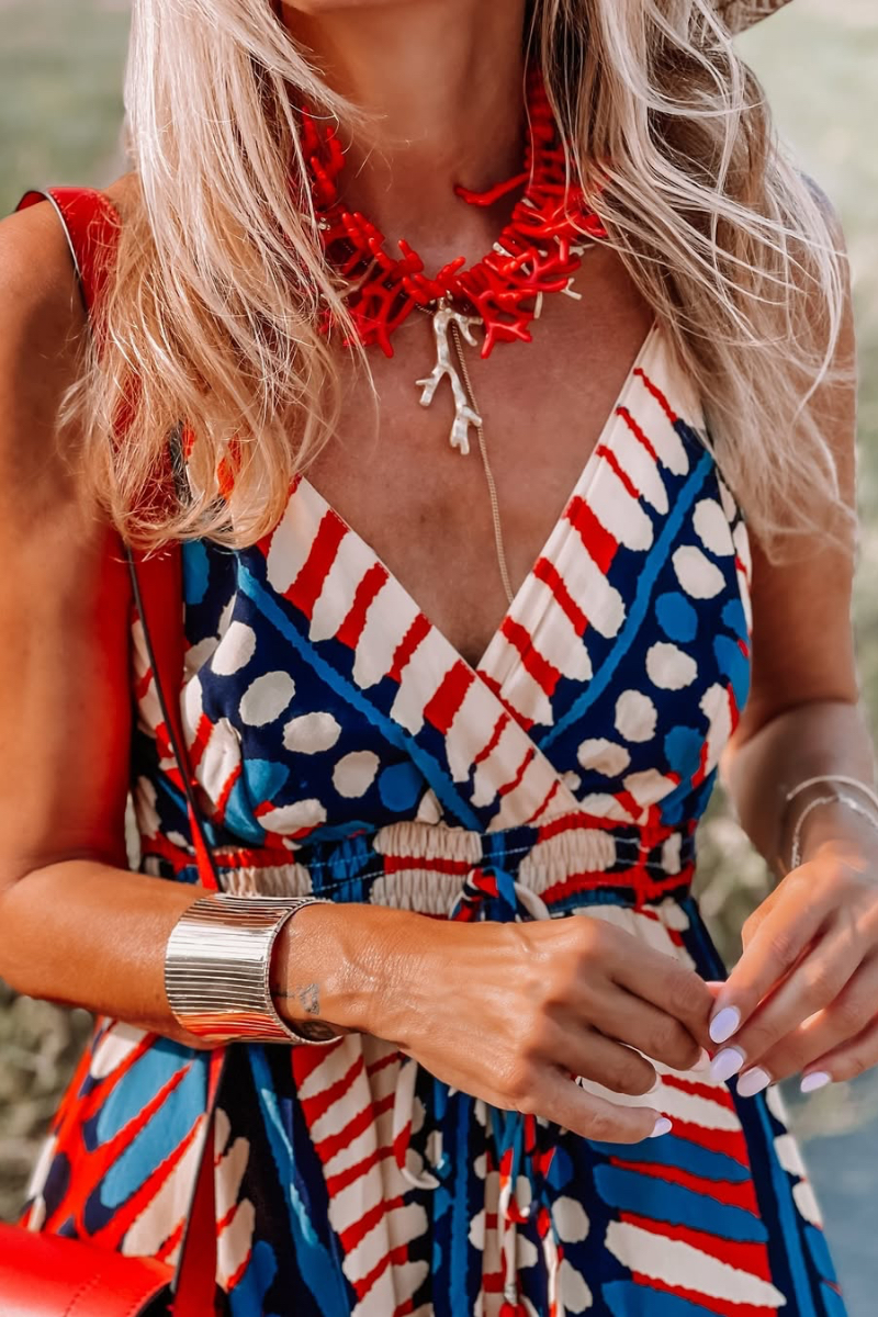 Women's V-neck Patchwork Tie-up Vacation Dress