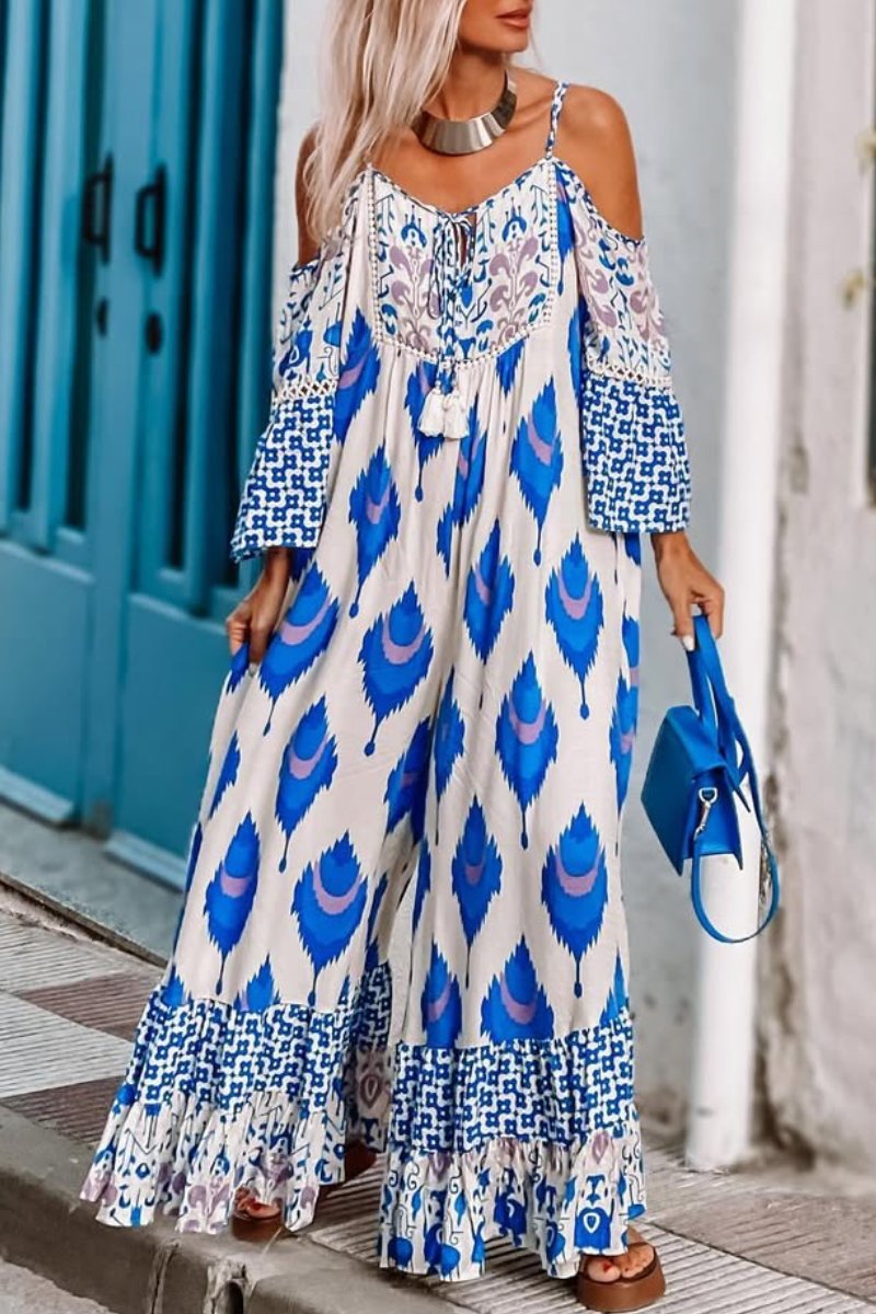 Women's V-neck Printed Suspender Jumpsuit