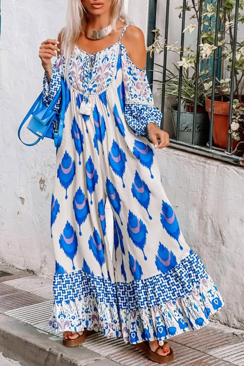 Women's V-neck Printed Suspender Jumpsuit