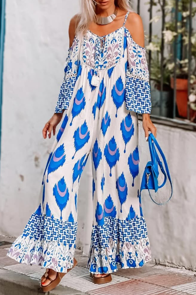 Women's V-neck Printed Suspender Jumpsuit