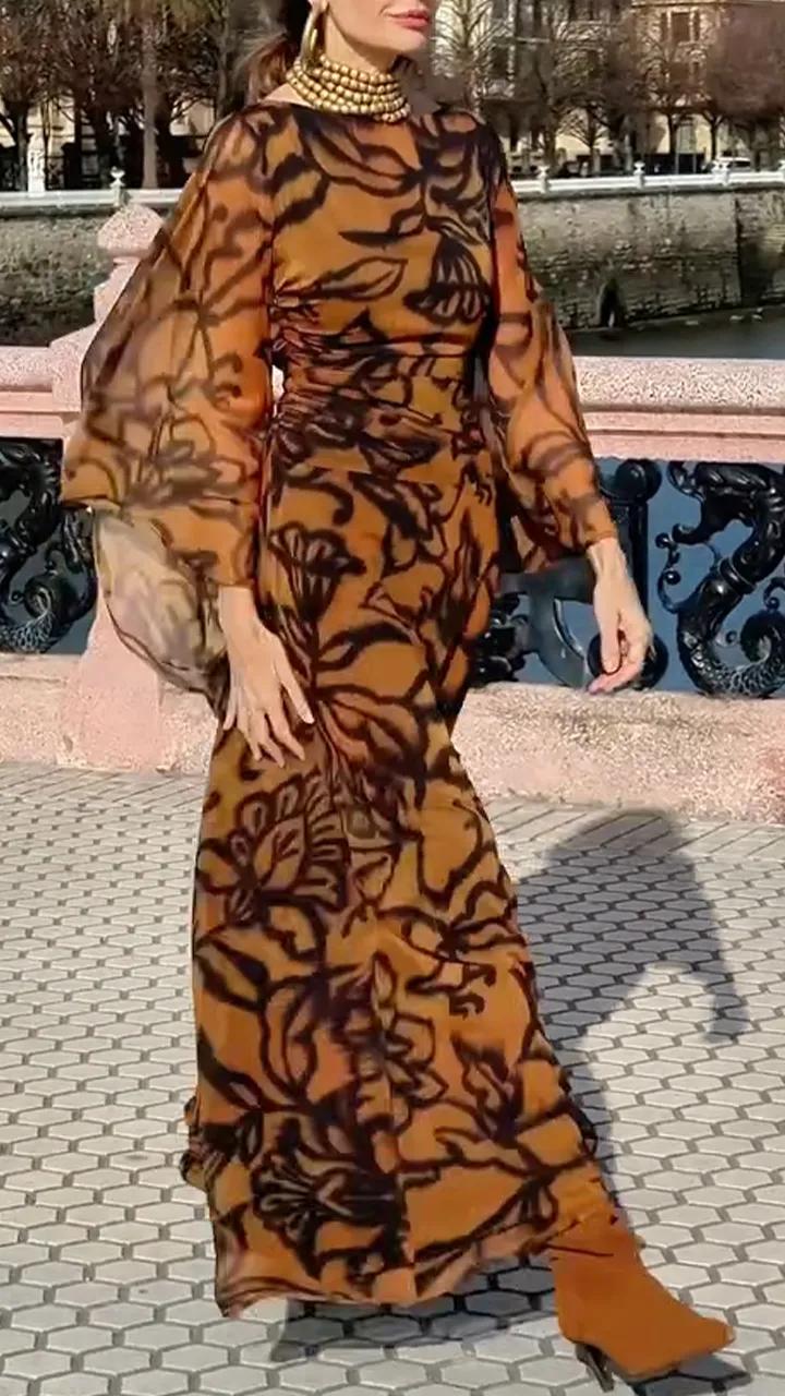 Women Round Neck Long Sleeves Printed Elegant Temperament Maxi Dress