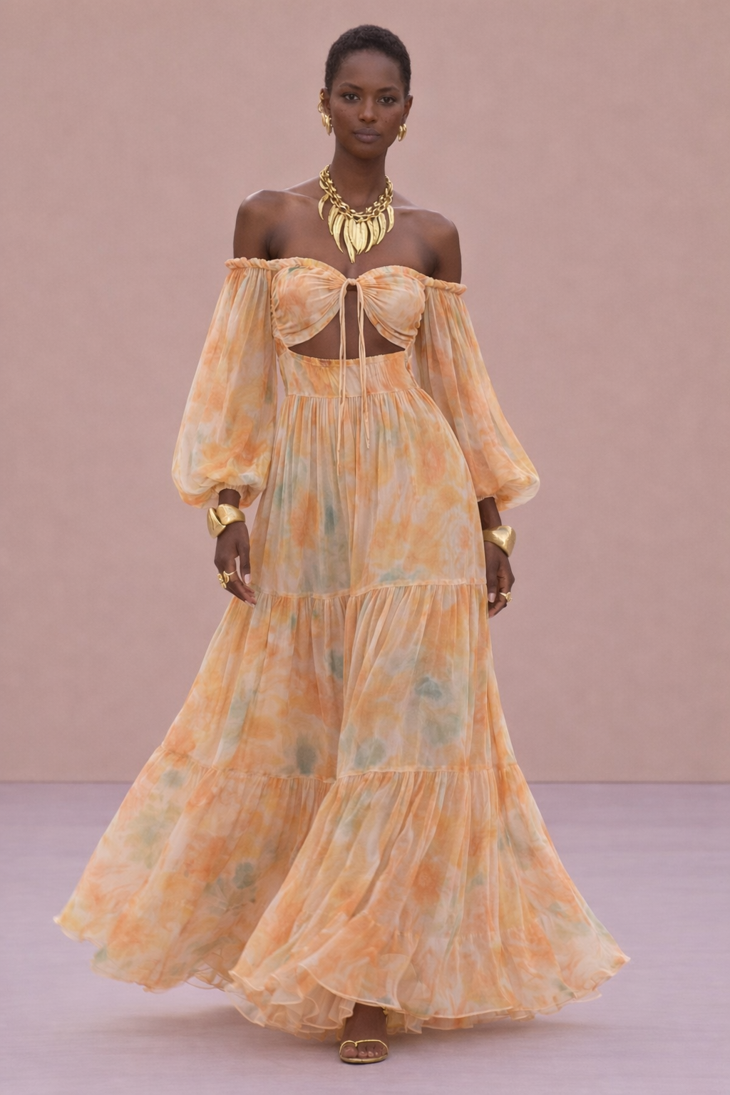 Women's Hollow-out Lantern Sleeve Patchwork Resort Dress