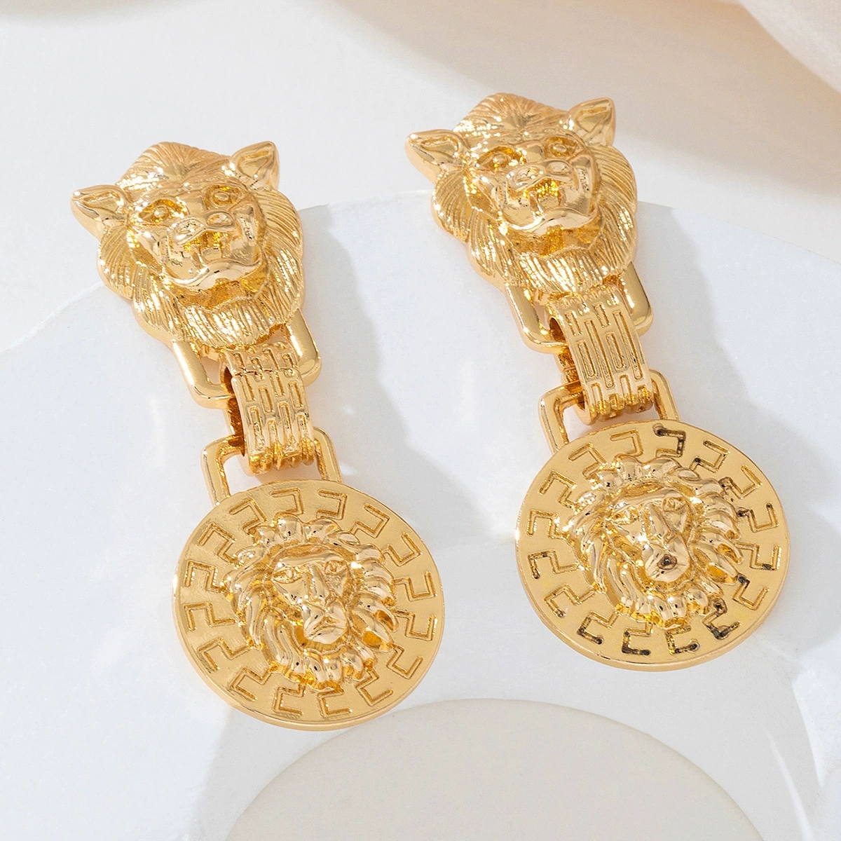 Metal Lion Head Relief Earrings