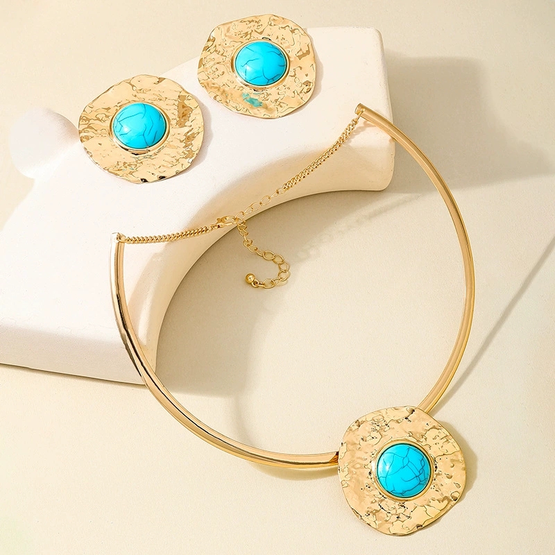 Metal Geometric Circular Turquoise Earrings and Necklace Jewelry Set
