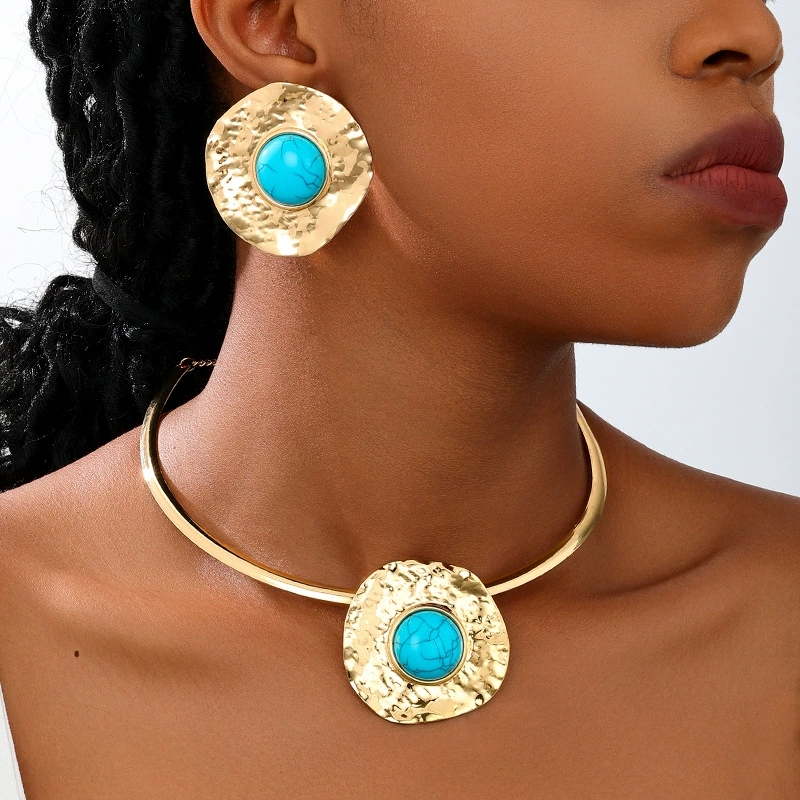 Metal Geometric Circular Turquoise Earrings and Necklace Jewelry Set