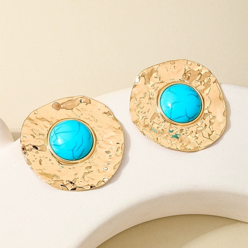 Metal Geometric Circular Turquoise Earrings and Necklace Jewelry Set