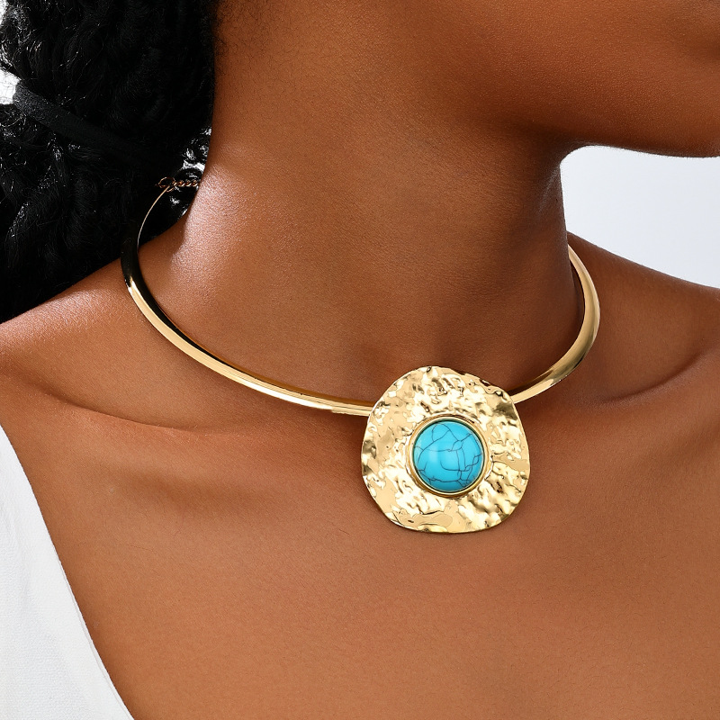 Metal Geometric Circular Turquoise Earrings and Necklace Jewelry Set