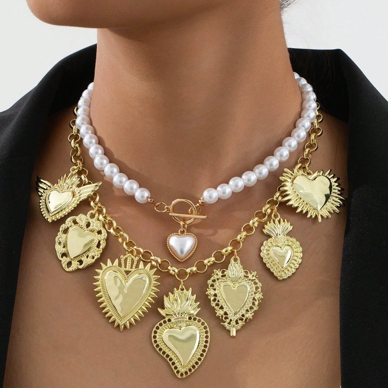 Vintage Religious Multiple Sacred Heart Pendant Necklace