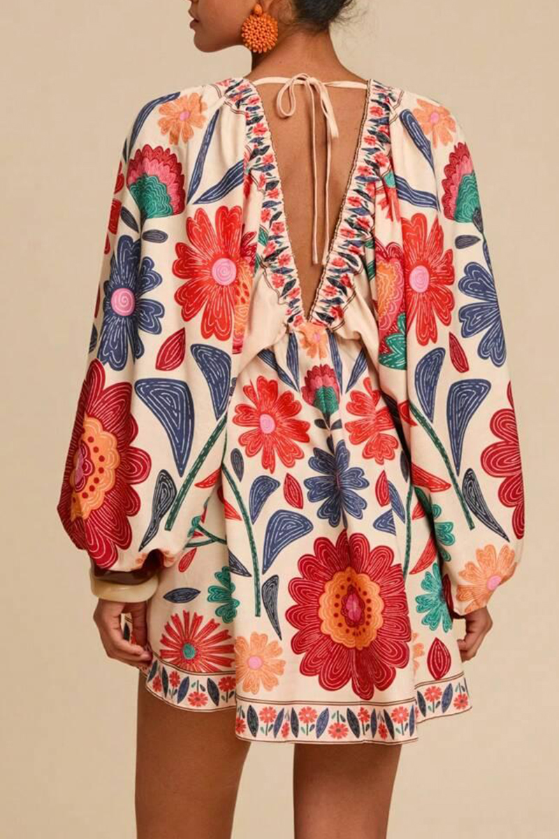 Women V-neck Printed Long Sleeved Bohemian Casual Mini Dress