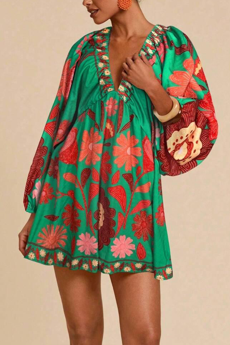 Women V-neck Printed Long Sleeved Bohemian Casual Mini Dress