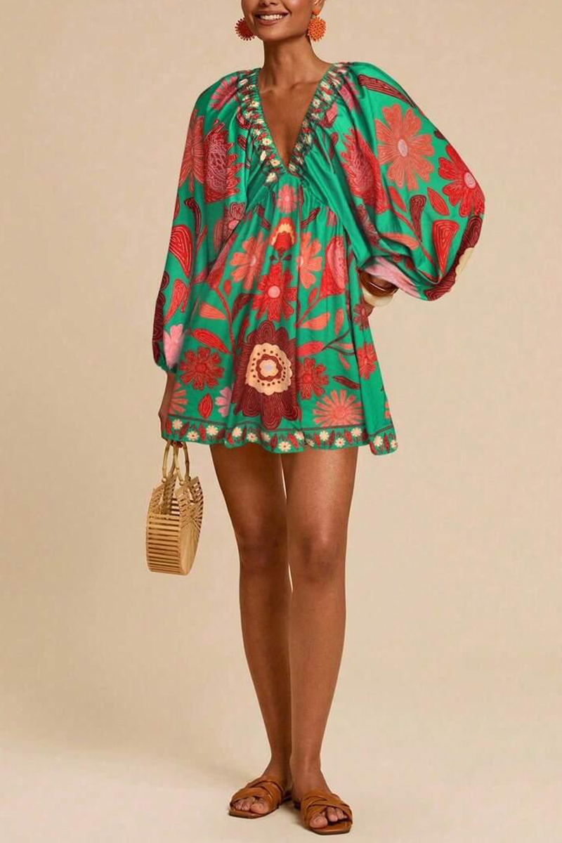 Women V-neck Printed Long Sleeved Bohemian Casual Mini Dress