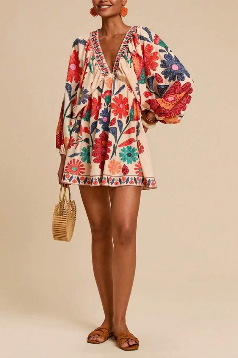Women V-neck Printed Long Sleeved Bohemian Casual Mini Dress