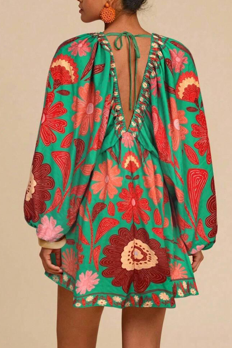 Women V-neck Printed Long Sleeved Bohemian Casual Mini Dress