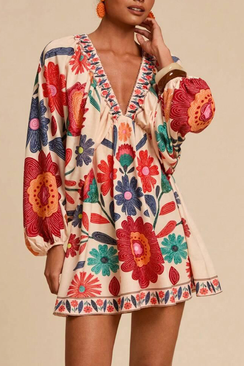 Women V-neck Printed Long Sleeved Bohemian Casual Mini Dress