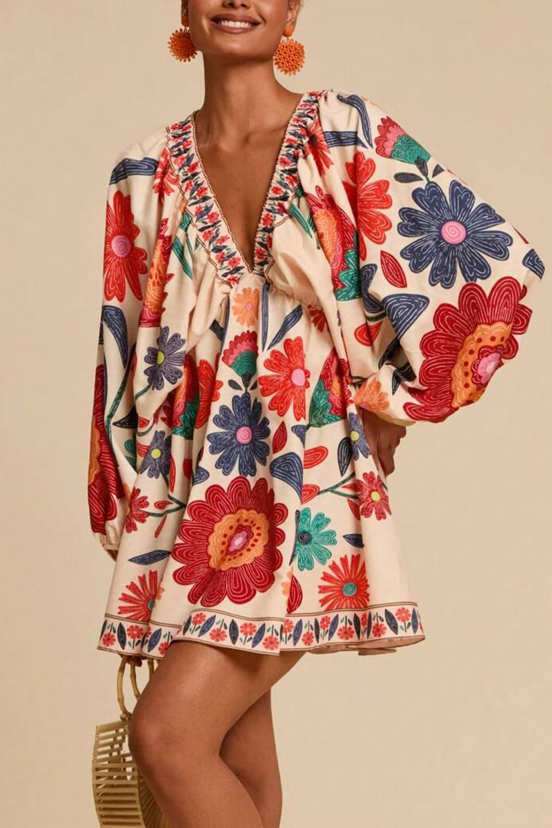 Women V-neck Printed Long Sleeved Bohemian Casual Mini Dress