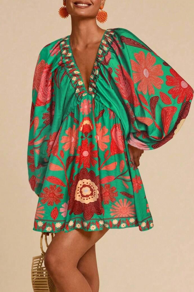 Women V-neck Printed Long Sleeved Bohemian Casual Mini Dress
