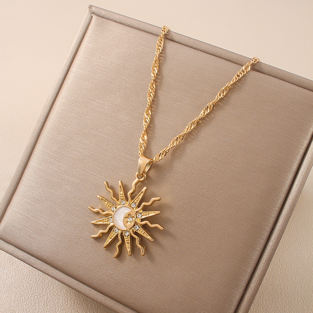 Alloy Studded Diamond Sun Pendant Necklace