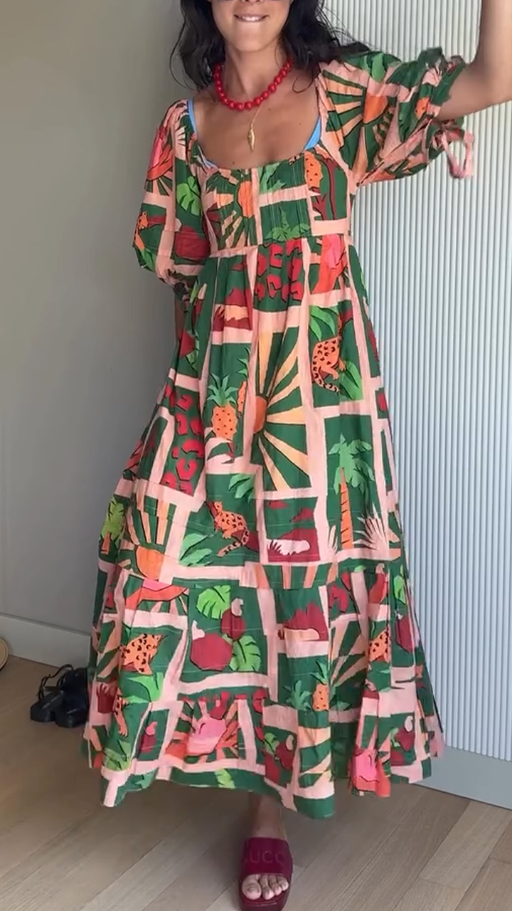 Womens Square Neck Printed Short Sleeved Bohemian Casual Maxi Dress