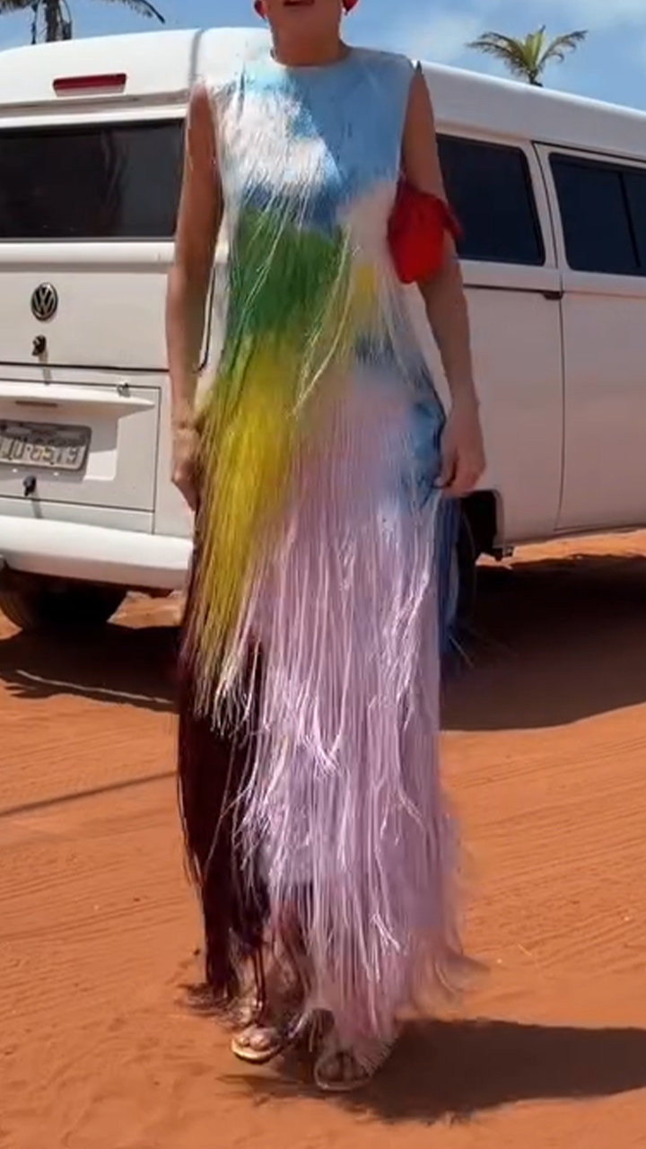 Women Round Neck Tassel Sleeveless Blend Casual Bohemian Style Maxi Dress