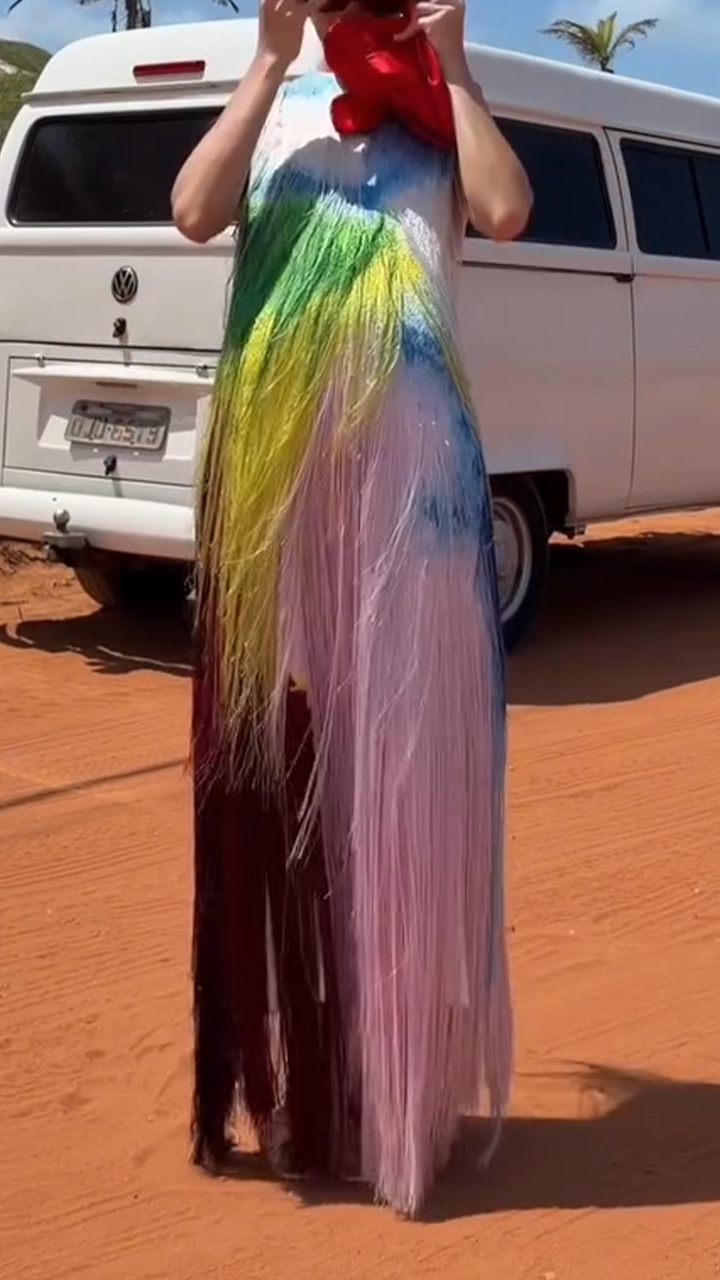 Women Round Neck Tassel Sleeveless Blend Casual Bohemian Style Maxi Dress