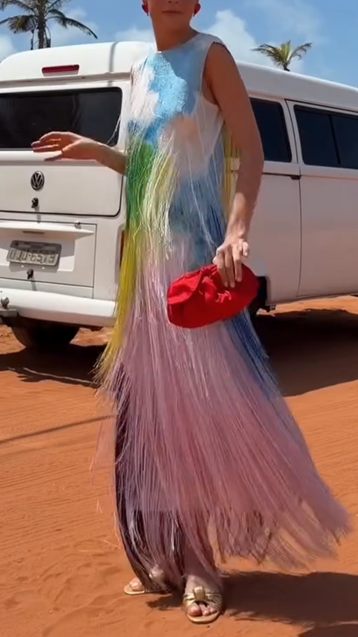 Women Round Neck Tassel Sleeveless Blend Casual Bohemian Style Maxi Dress