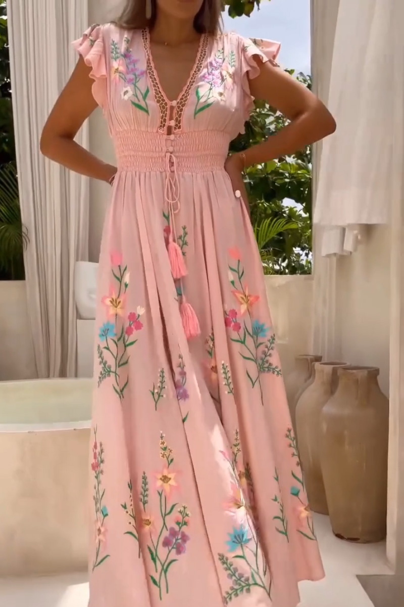 Women V-neck Patchwork Tassel Short Sleeved Printed Bohemian Maxi Dress