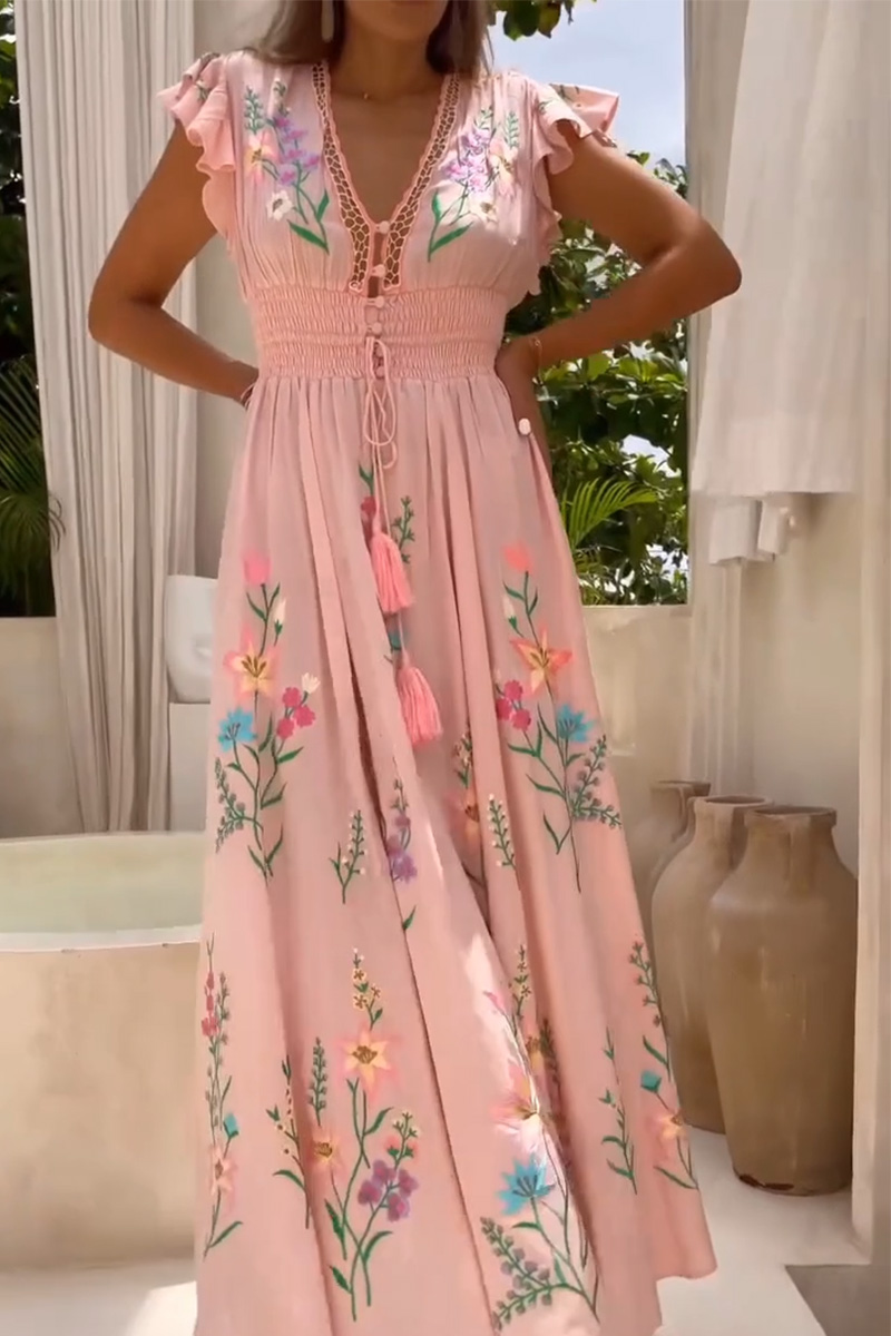Women V-neck Patchwork Tassel Short Sleeved Printed Bohemian Maxi Dress
