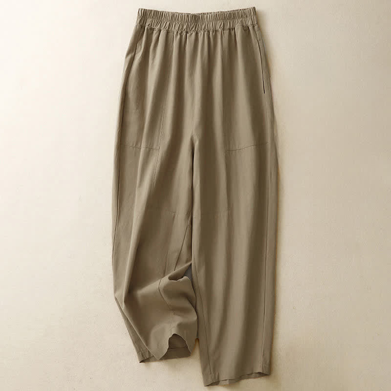 Spring Solid Color Elastic Waist Cotton Women's Straight Leg Pants With Pockets