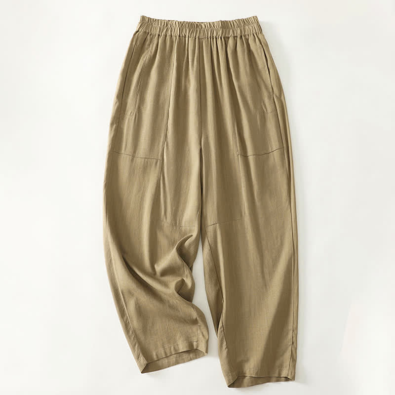 Spring Solid Color Elastic Waist Cotton Women's Straight Leg Pants With Pockets