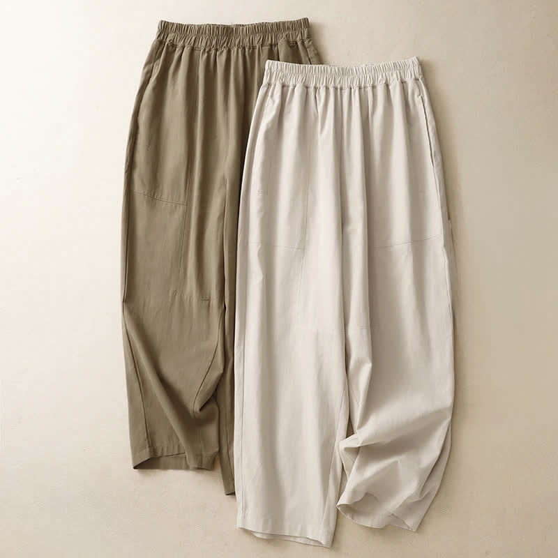Spring Solid Color Elastic Waist Cotton Women's Straight Leg Pants With Pockets
