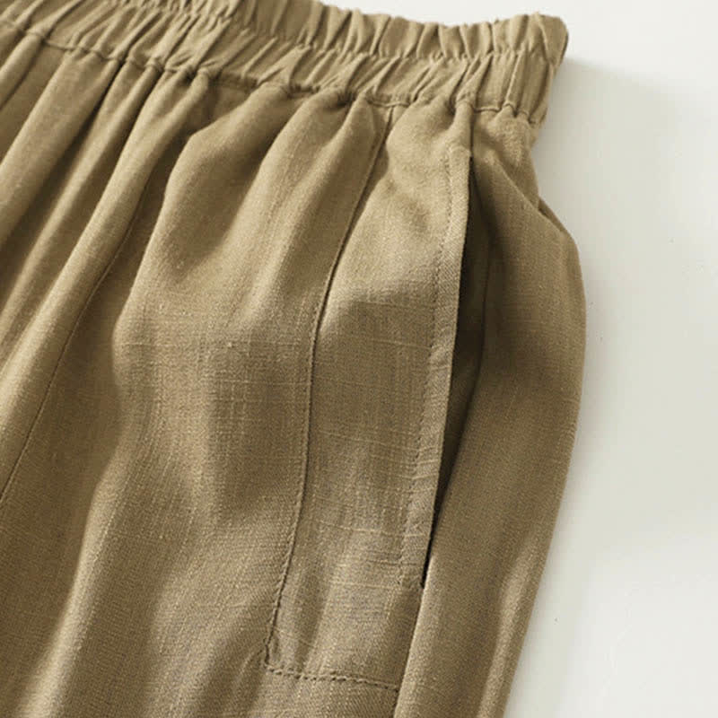 Spring Solid Color Elastic Waist Cotton Women's Straight Leg Pants With Pockets