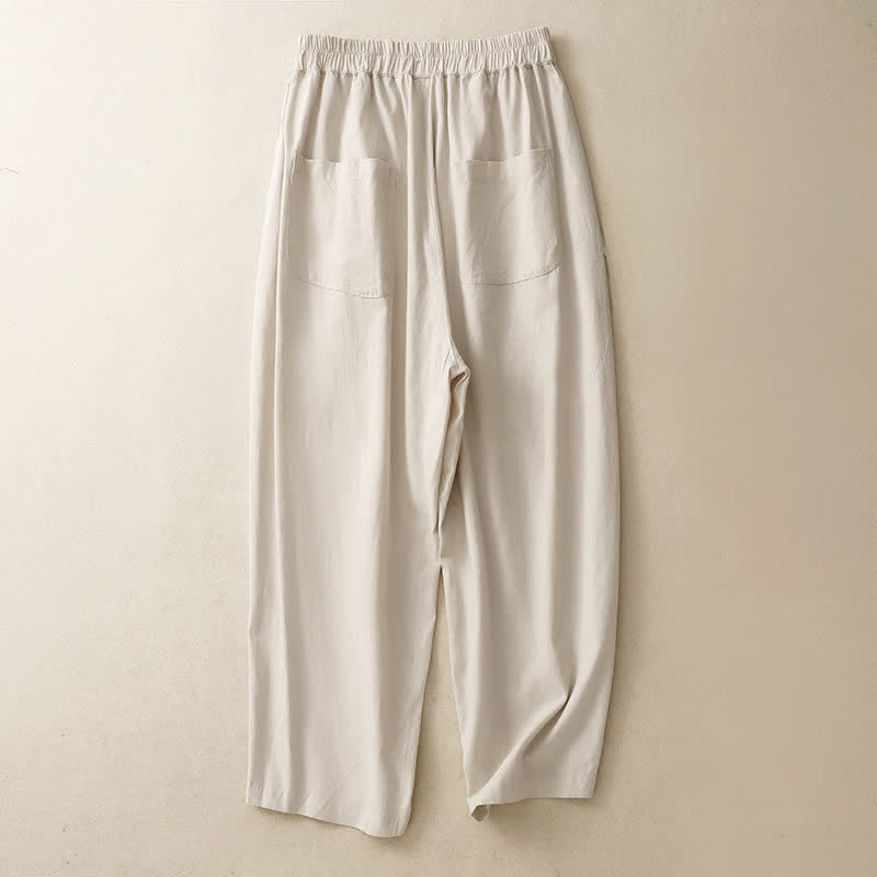 Spring Solid Color Elastic Waist Cotton Women's Straight Leg Pants With Pockets
