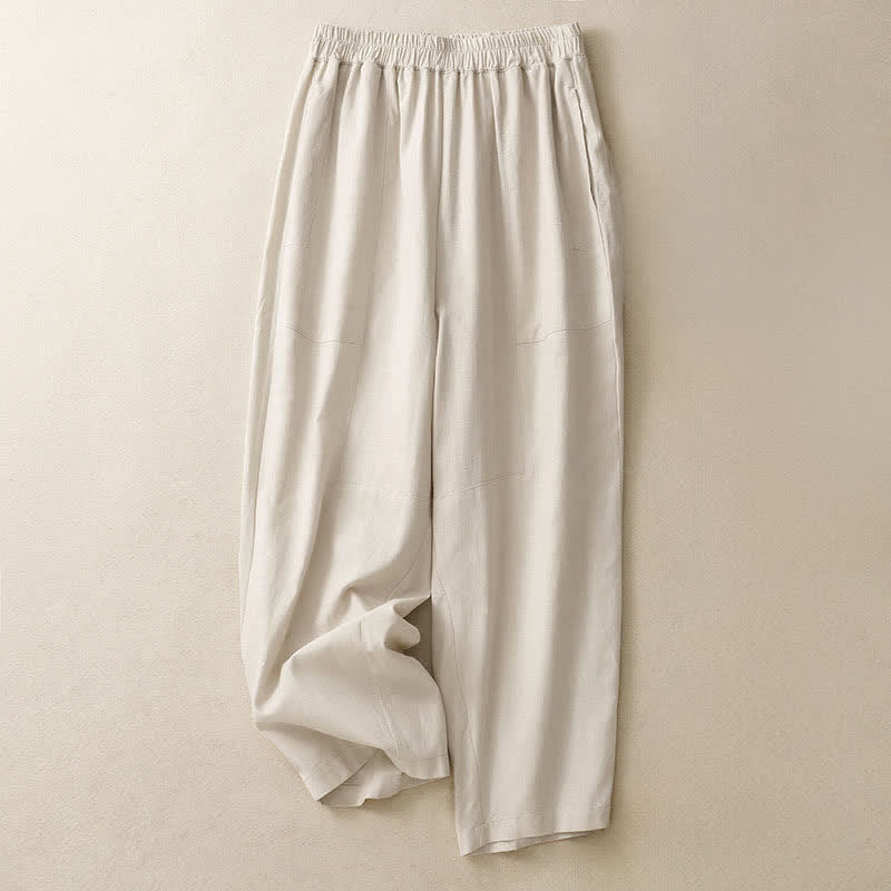Spring Solid Color Elastic Waist Cotton Women's Straight Leg Pants With Pockets