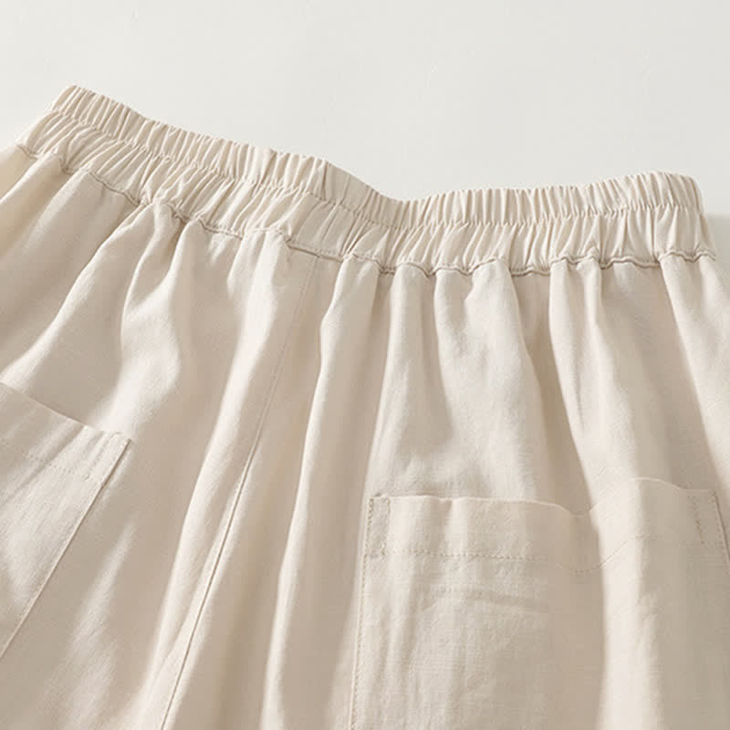 Spring Solid Color Elastic Waist Cotton Women's Straight Leg Pants With Pockets