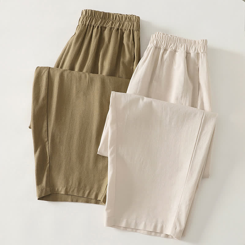Spring Solid Color Elastic Waist Cotton Women's Straight Leg Pants With Pockets